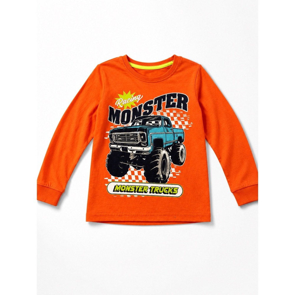 Highland Originals Boys Orange Racing Monster Trucks Long Sleeve Graphic Tee 4
